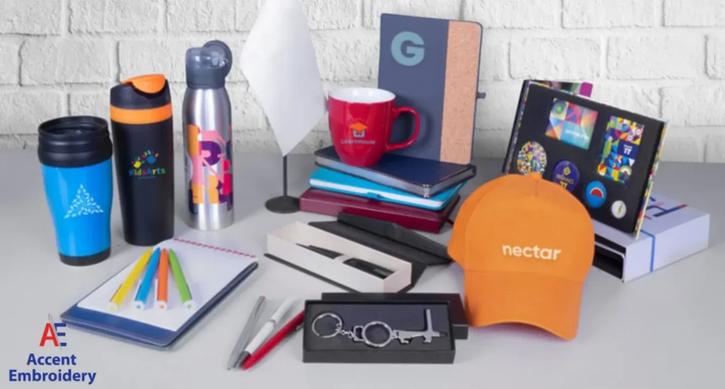 Various promotional products including a pen, notebook, coffee cup, and hat, highlighting effective branding tools for Various promotional products including a pen, notebook, coffee cup, and hat, highlighting effective branding tools for