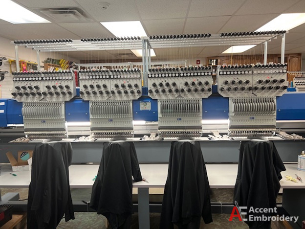 Industrial embroidery machines stitching custom workwear