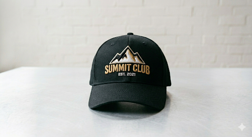 Black cap with raised 3D puff embroidered Summit Club mountain logo