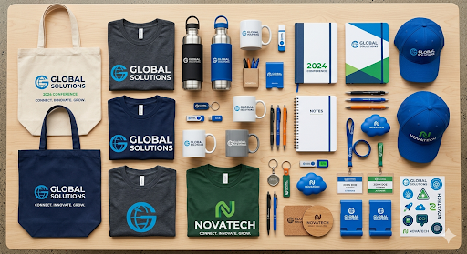 Flat lay of branded trade show giveaways, including tote bags, t-shirts, water bottles, mugs, caps, and pens.
