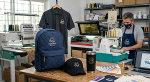 Branded merchandise workshop with embroidered backpack, hat, polo, and engraved tumbler. 