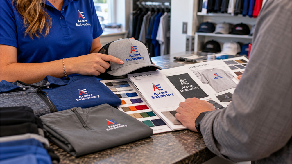 Accent Embroidery customers can visit the Amarillo store to compare garments, discuss their logo and talk through the goals for their project.